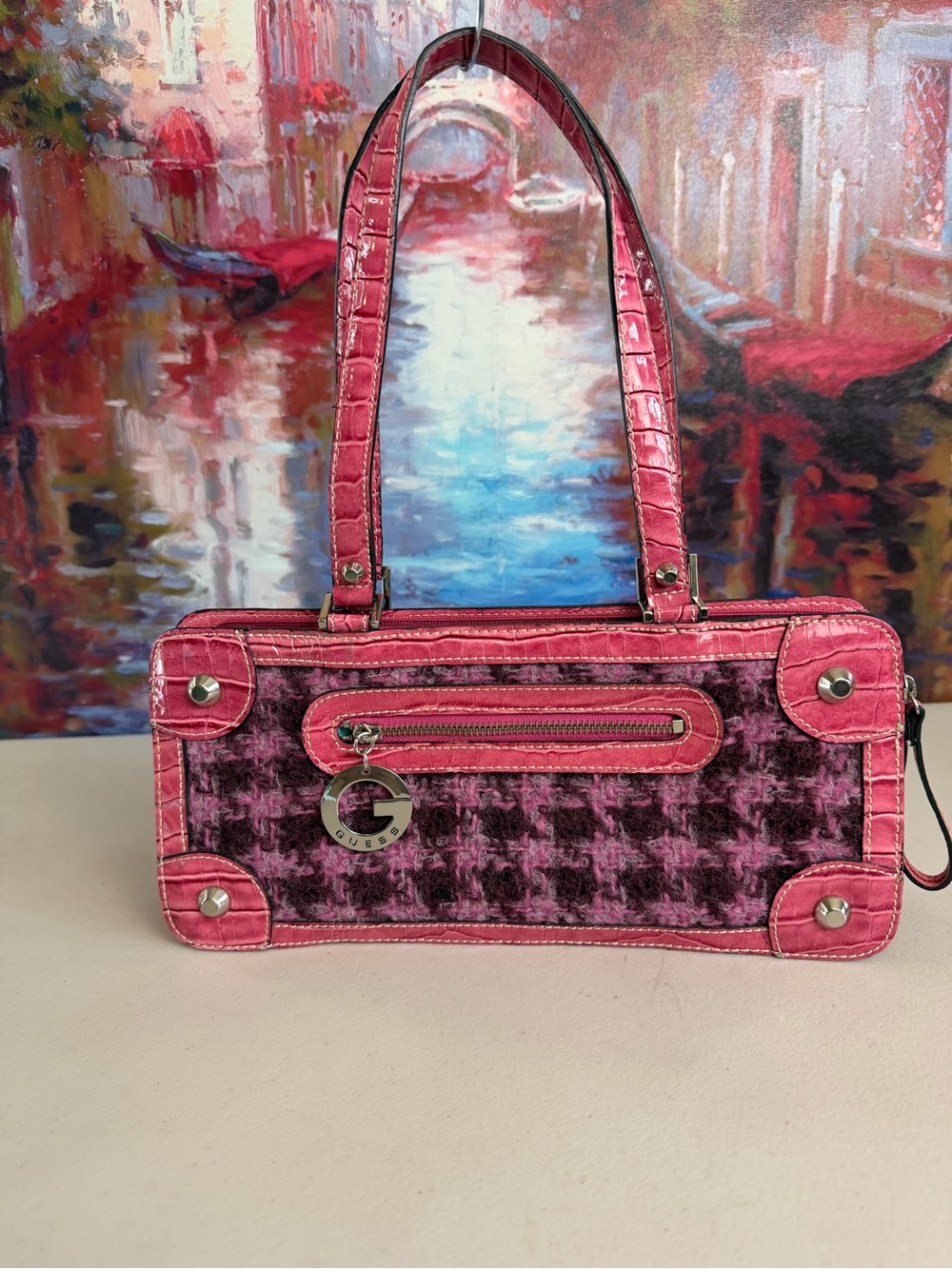 Vintage Y2K GUESS Pink Croc Tweed Baguette Shoulder Bag